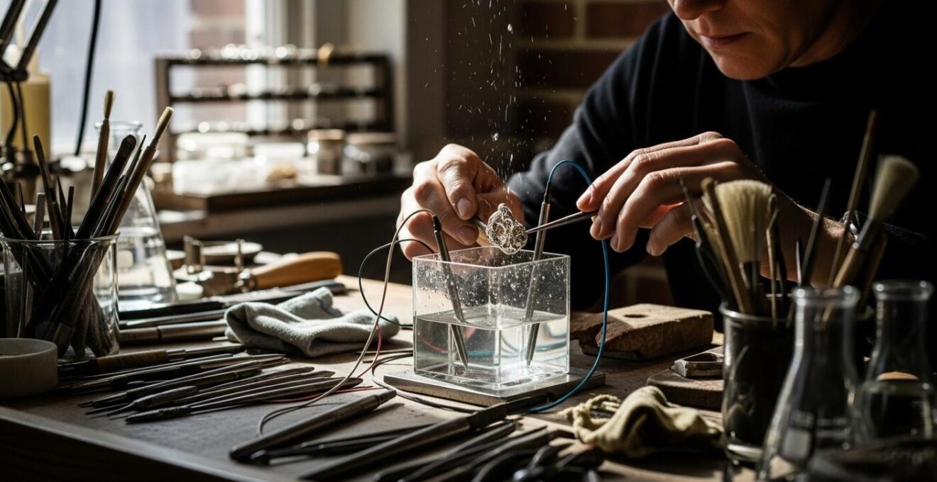Photographie d’atelier d’orfèvre en pleine restauration d’un bijou en argent par électrolyse