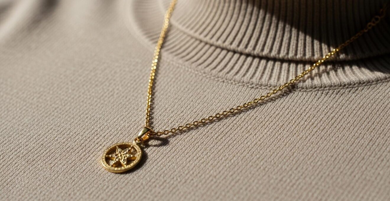 Gros plan sur un collier sautoir porté sur un pull col roulé beige en maille fine.