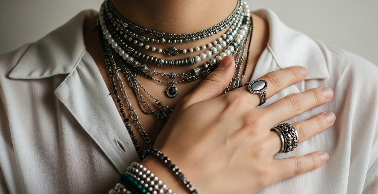 Photographie réaliste d'une personne portant plusieurs bijoux empilés avec élégance racontant une histoire personnelle