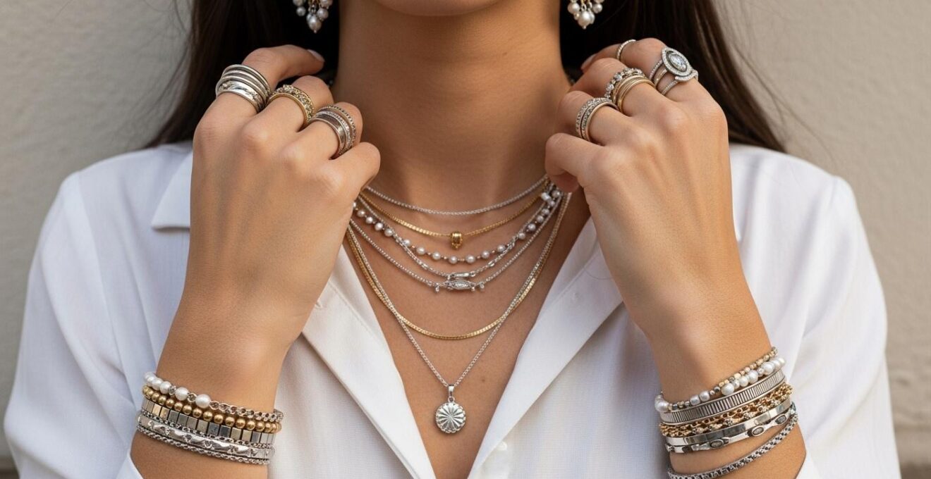 Vue rapprochée de mains et cou féminin décorés de multiples bijoux en superposition élégante, mélangeant colliers, bagues, bracelets et boucles d'oreilles.