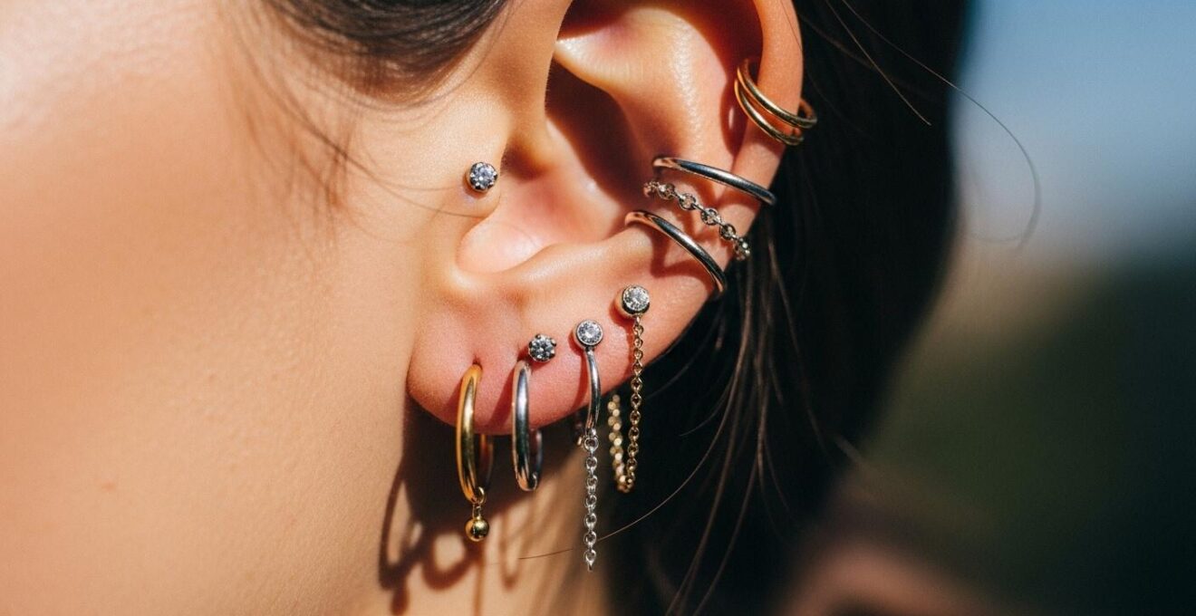 Oreille féminine ornée de multiples petits piercings et boucles d'oreilles formant un stacking équilibré et esthétique.