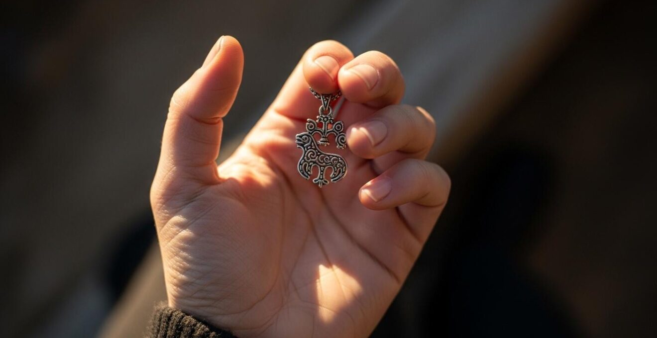 Photographie symbolique mettant en scène un pendentif talisman sur une main ouverte avec un flou artistique autour