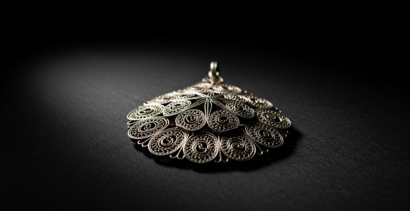 Composition élégante d’un bijou filigrane en or et argent sur fond noir.