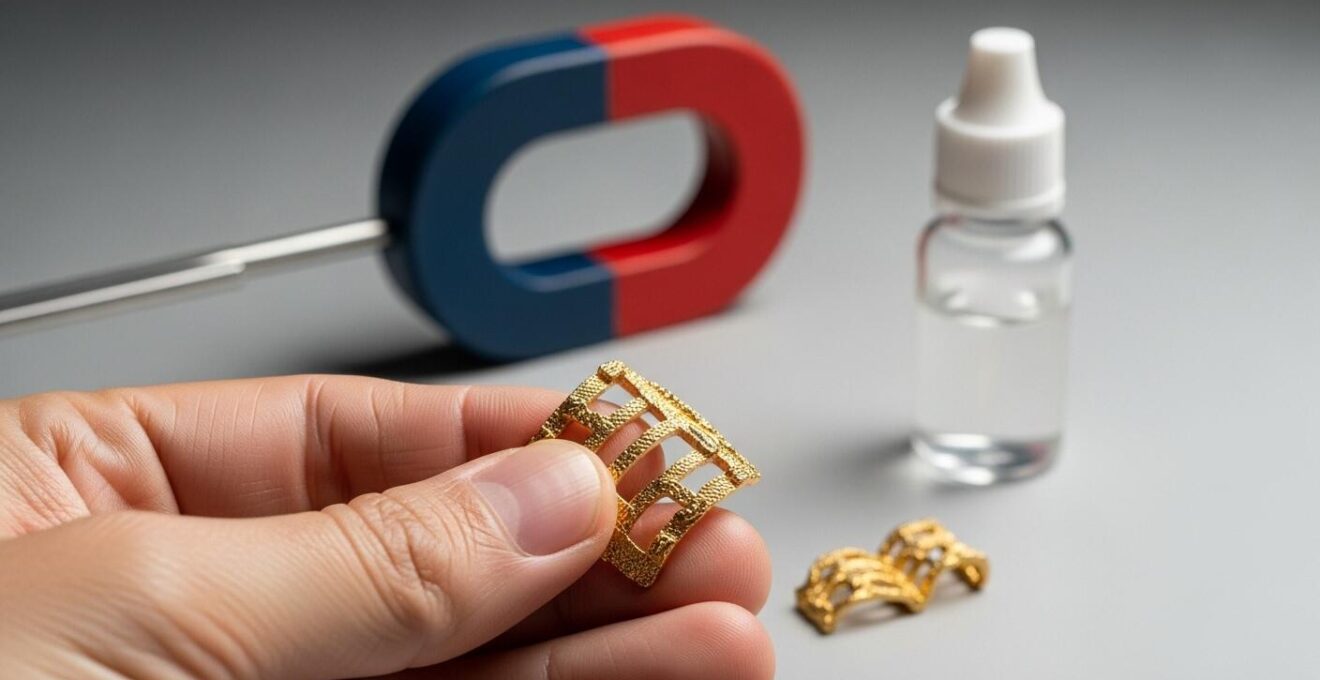 Photographie détaillée montrant un bijou plaqué or avec des outils de test comme un aimant et un flacon d’acide