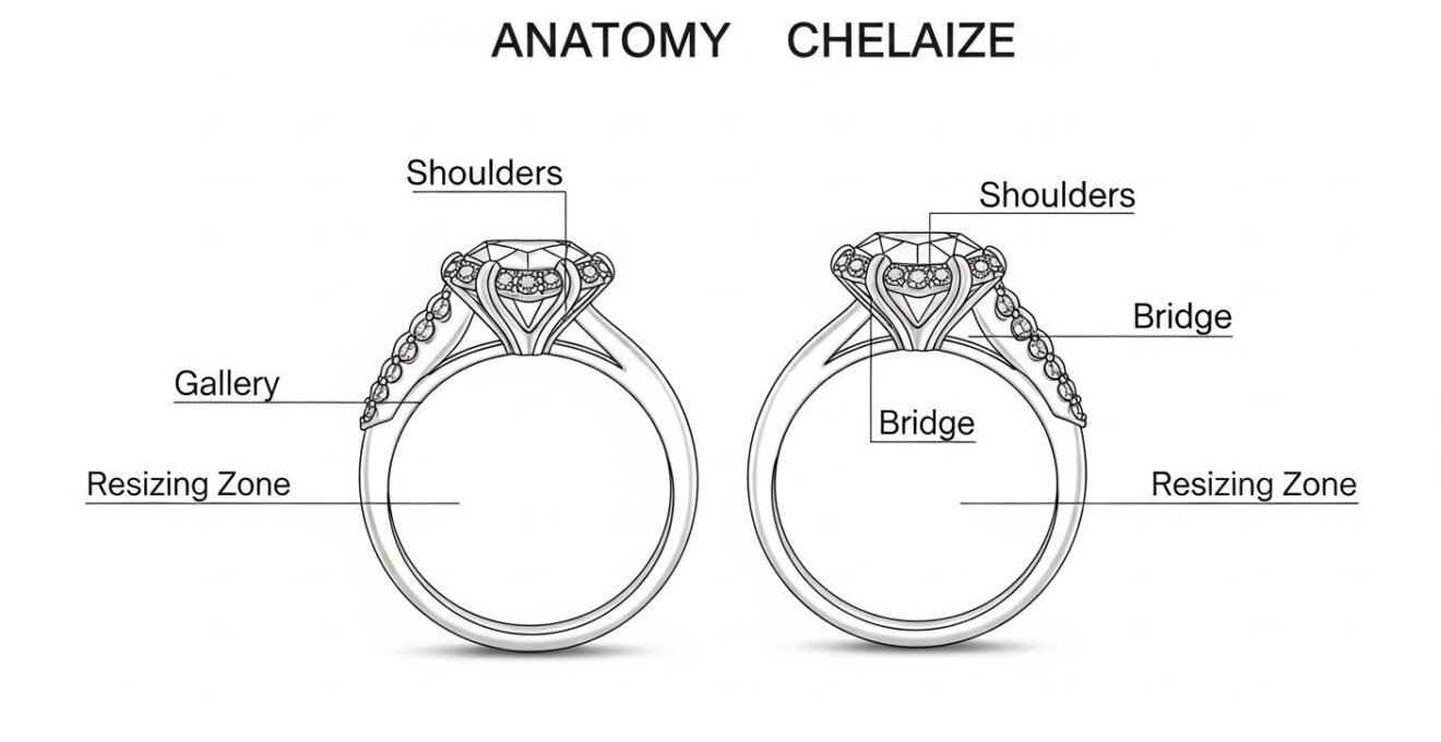 Dessin schématique annoté montrant les parties de l’anneau d’une bague, incluant épaules, galerie, pont et zone de mise à taille.