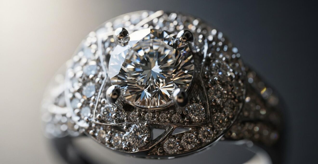 Gros plan d'une bague sertie élégamment, mettant en valeur l'éclat des pierres précieuses sous une lumière douce.