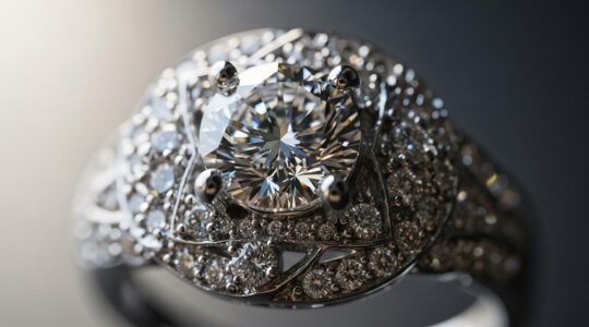 Gros plan d'une bague sertie élégamment, mettant en valeur l'éclat des pierres précieuses sous une lumière douce.