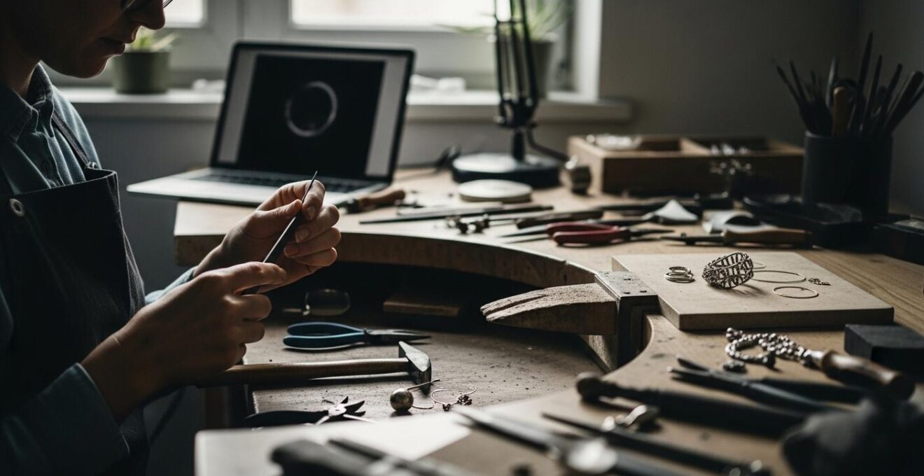 Artisan créateur de bijoux travaillant dans un atelier moderne avec des outils numériques et des bijoux en cours de fabrication