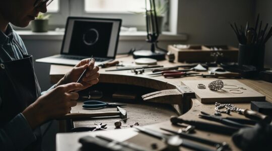 Artisan créateur de bijoux travaillant dans un atelier moderne avec des outils numériques et des bijoux en cours de fabrication