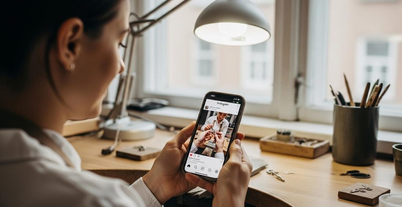 Artisan joaillier utilisant un smartphone dans son atelier pour partager sa création sur Instagram