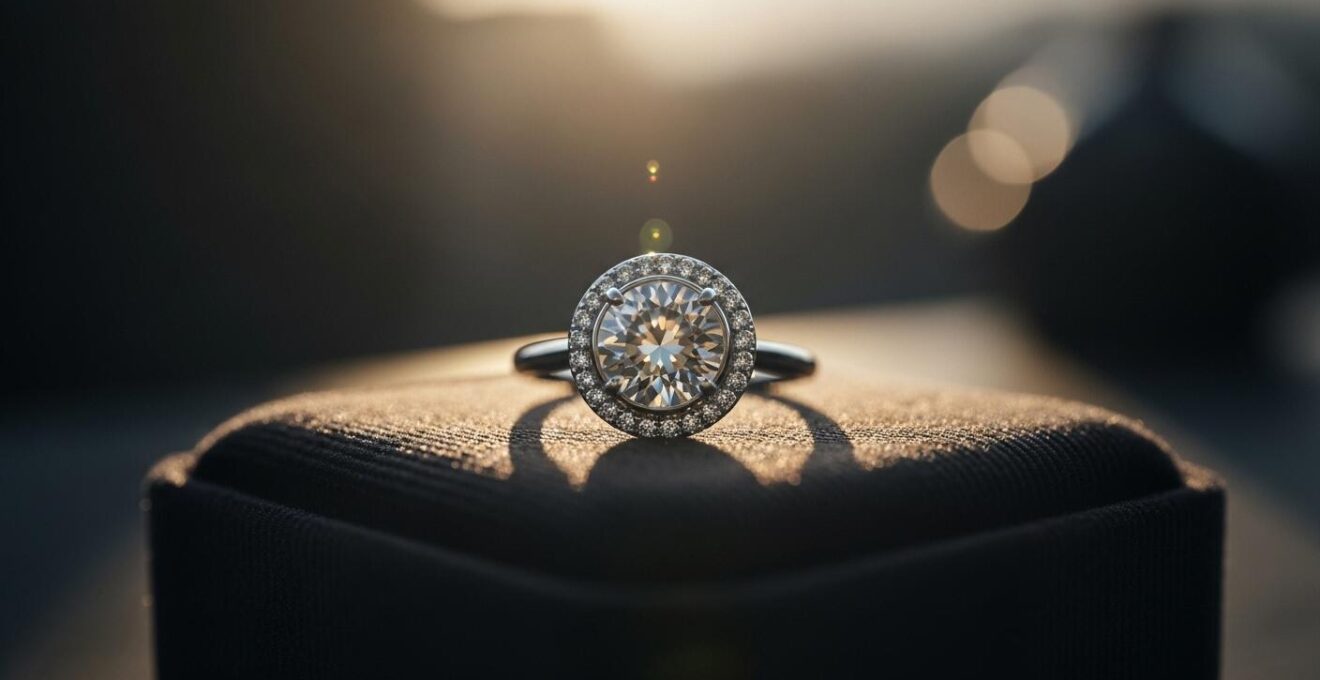 Image représentant un bijou d'exception éclatant posé sur un écrin luxueux avec un fond flou élégant évoquant le charme et la différence avec un simple accessoire