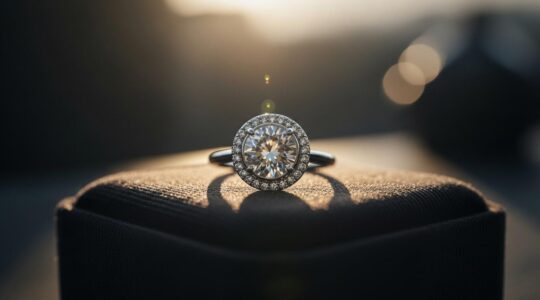 Image représentant un bijou d'exception éclatant posé sur un écrin luxueux avec un fond flou élégant évoquant le charme et la différence avec un simple accessoire