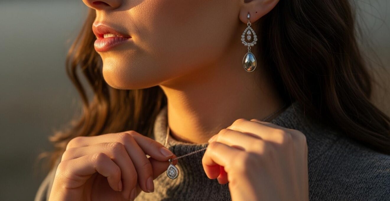 Femme méticuleusement habillée mettant en valeur un pendentif fin avec une lumière douce mettant en avant son visage et bijoux