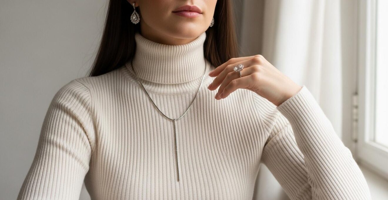 Femme élégante portant un col roulé avec des bijoux assortis, incluant un collier sautoir, boucles d'oreilles et bague stylée