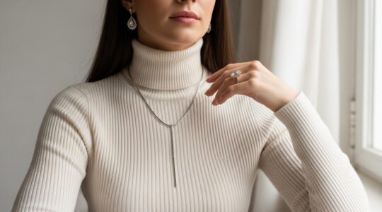 Femme élégante portant un col roulé avec des bijoux assortis, incluant un collier sautoir, boucles d'oreilles et bague stylée