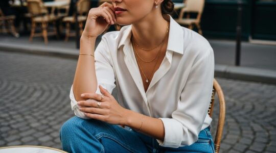 Femme parisienne élégante portant des bijoux fins et discrets avec un jean et une chemise blanche, ambiance urbaine chic décontractée