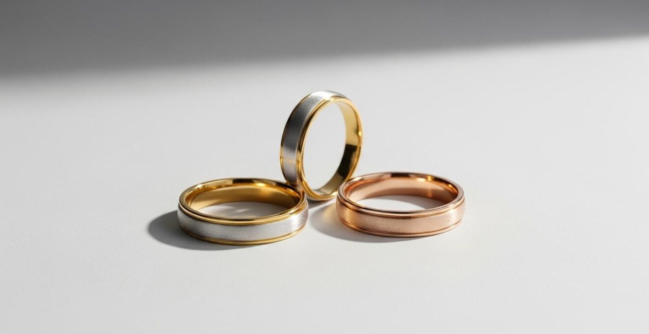 Trois bagues en or jaune, blanc et rose disposées sur un fond neutre avec des éclats lumineux distincts pour chaque couleur