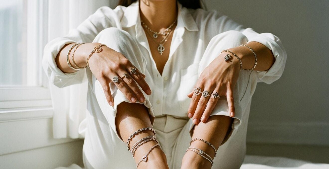 Un portrait artistique mettant en scène une personne avec divers bijoux symboliques portés sur différentes parties du corps, illustrant le corps comme une toile d'expression identitaire