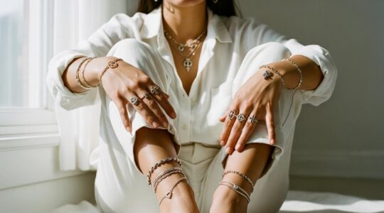 Un portrait artistique mettant en scène une personne avec divers bijoux symboliques portés sur différentes parties du corps, illustrant le corps comme une toile d'expression identitaire