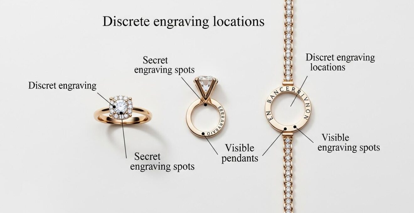 Illustration montrant les différents emplacements recommandés pour la gravure sur bague, pendentif et bracelet