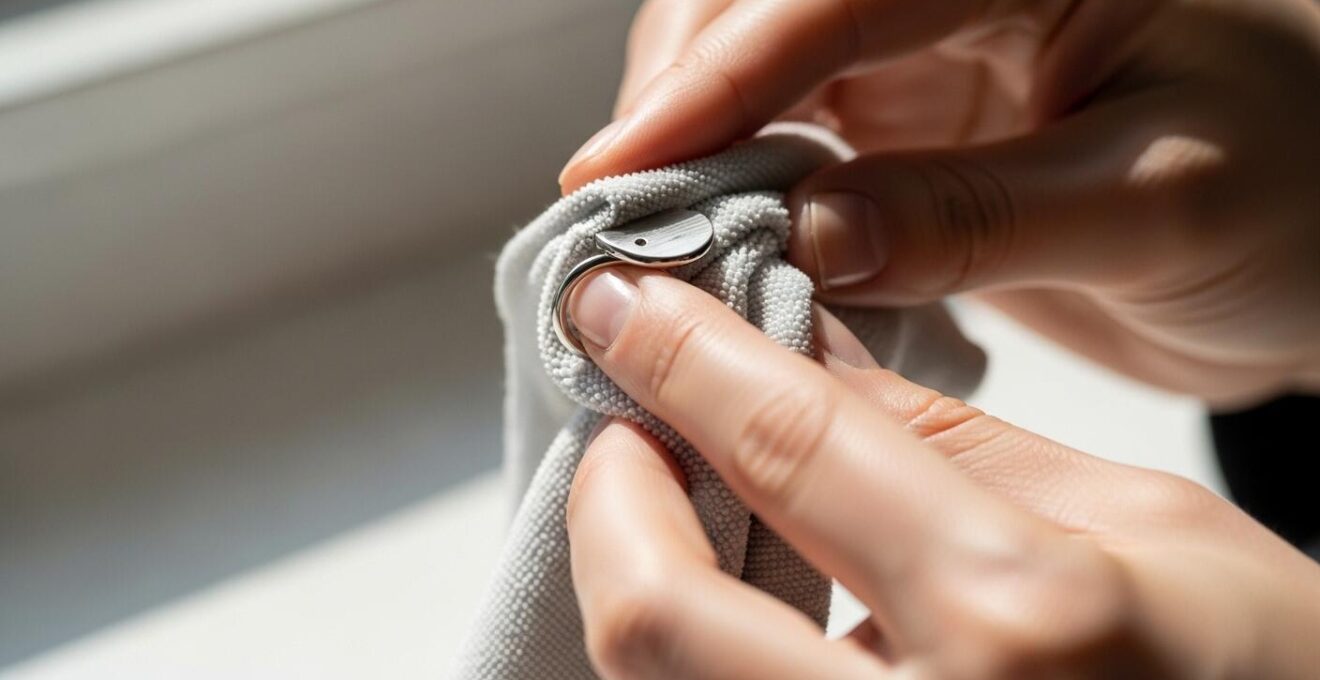 Un bijou minimaliste soigneusement poli avec un chiffon doux, montrant l'importance du détail dans l'entretien