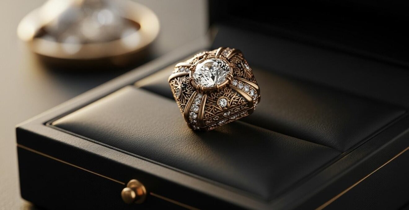Un bijou exceptionnel en gros plan dans un écrin sombre, mettant en valeur la précision artisanale et la beauté des pierres précieuses