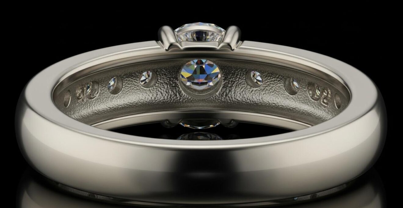 Détail macro d'une bague montrant la finition et les sertissages d'une vraie joaillerie fine