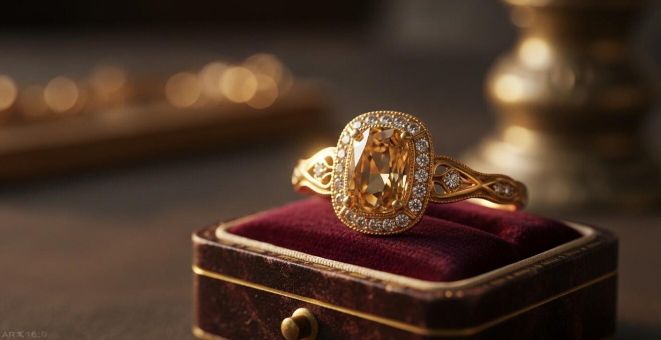 Bijou en or 18 carats placé sur un écrin ancien symbolisant le patrimoine et le luxe intemporel