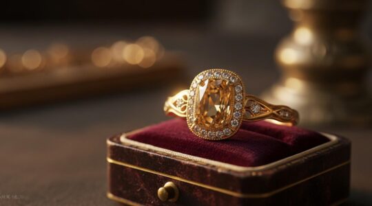Bijou en or 18 carats placé sur un écrin ancien symbolisant le patrimoine et le luxe intemporel