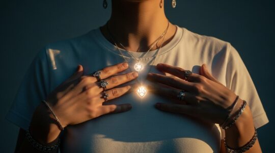 Image symbolique d'une personne en tenue simple rehaussée par des bijoux élégants et éclatants qui rayonnent comme un super-pouvoir