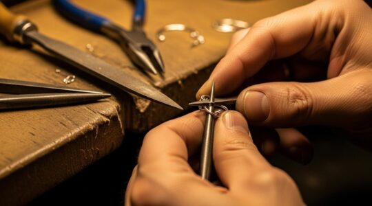 Photographie mettant en valeur une main d'artisan travaillant minutieusement un bijou en or ou en argent, avec des outils traditionnels dans un atelier lumineux.