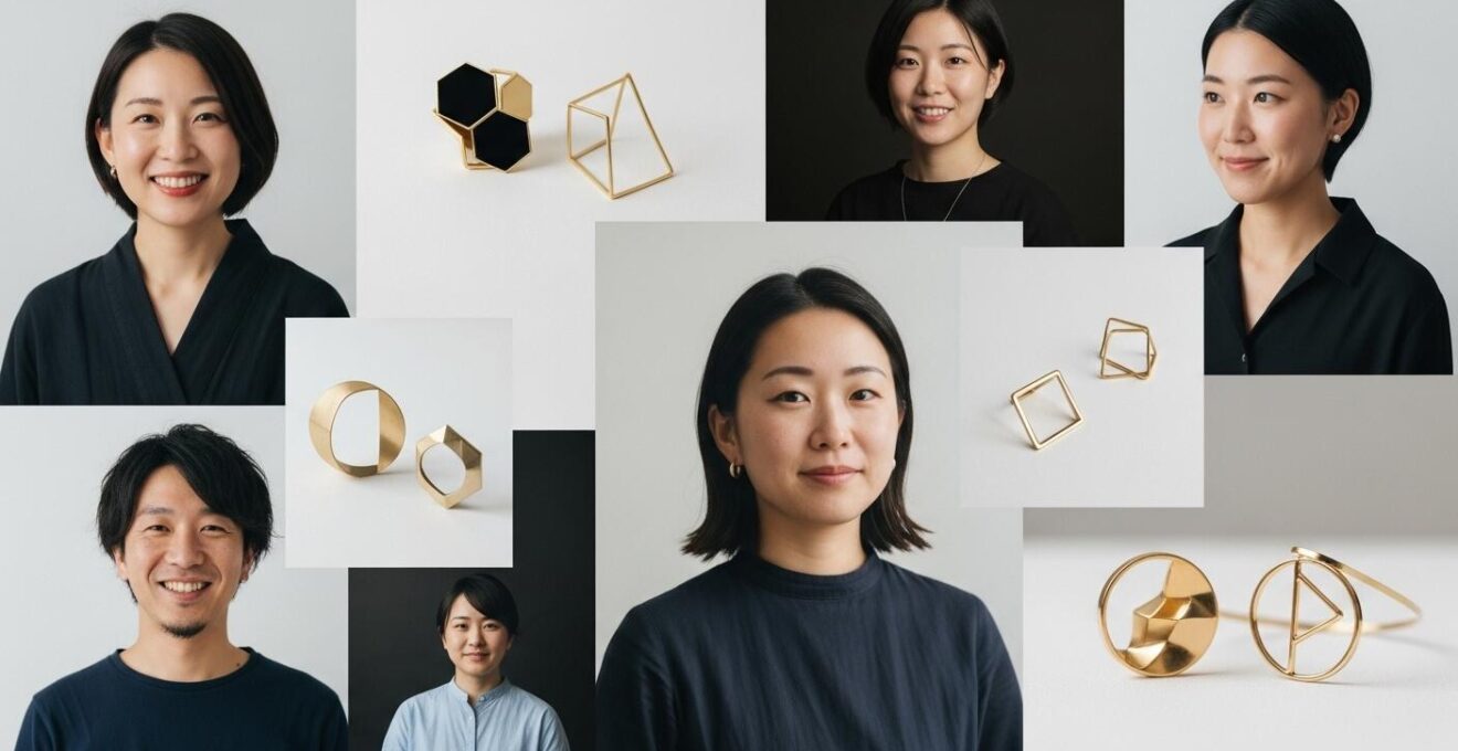 Portraits symboliques d'artisans et designers de joaillerie minimaliste, évoquant la diversité des influences culturelles japonaises et scandinaves