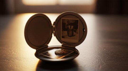 Un médaillon ancien ouvert montrant une photo douce et un petit objet symbolique à l'intérieur, éclairé par une lumière chaude et nostalgique