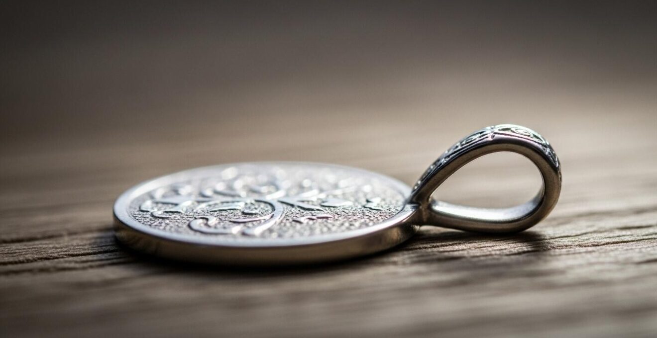 Photo macro d’un pendentif délicat révélant les détails de la gravure et la texture du métal sous une lumière rasante
