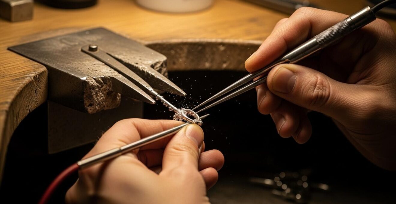 Un artisan orfèvre utilisant la technique d'électrolyse inversée pour restaurer un bijou en argent terni sur son établi d'atelier.