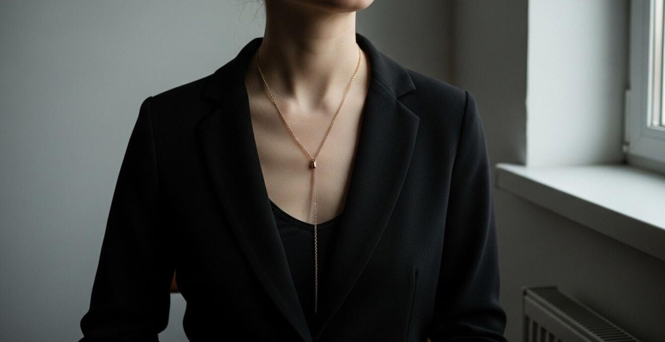Femme élégante portant un sautoir long qui allonge et structure sa silhouette, habillée avec style moderne