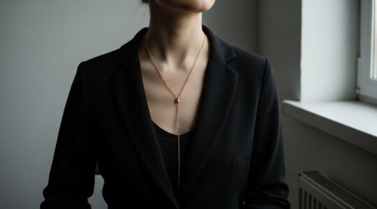 Femme élégante portant un sautoir long qui allonge et structure sa silhouette, habillée avec style moderne
