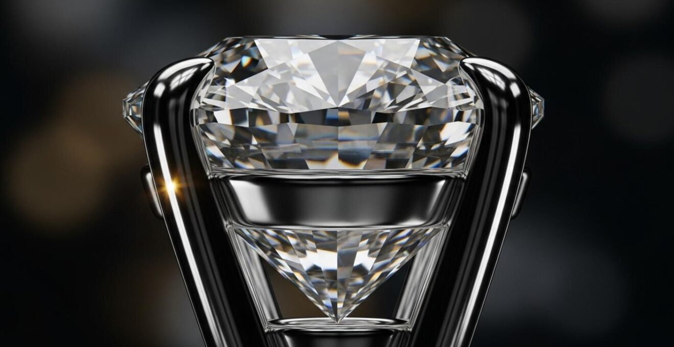 Illustration détaillée d'un diamant serti montrant la lumière pénétrant et se reflétant par la galerie et les griffes en métal blanc.