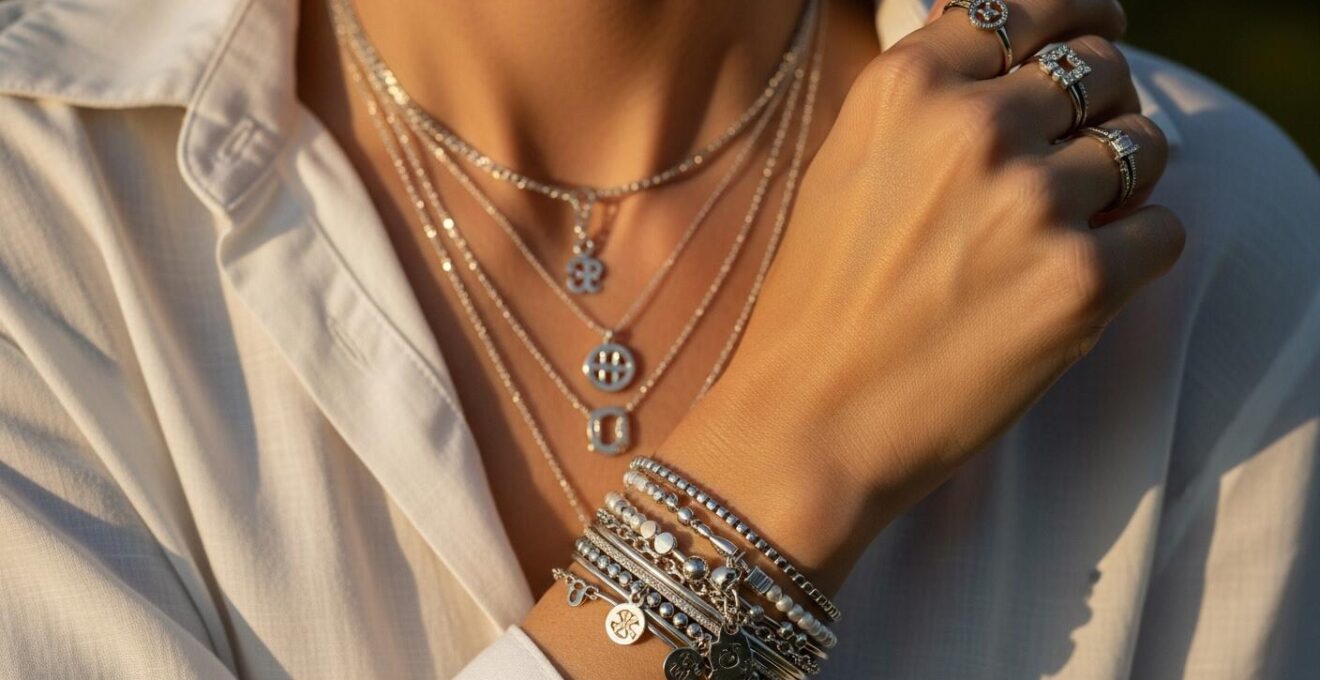 Accumulation élégante de bijoux fins racontant une histoire personnelle, sur fond sobre et chaleureux