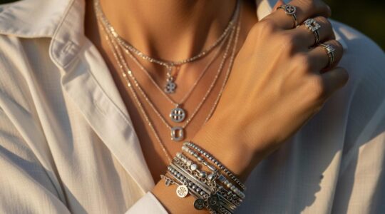 Accumulation élégante de bijoux fins racontant une histoire personnelle, sur fond sobre et chaleureux