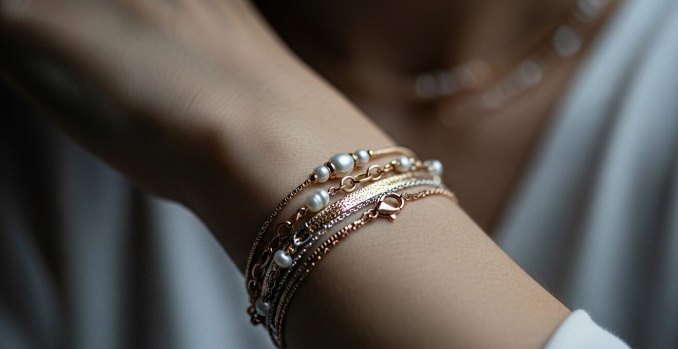Accumulation élégante de bracelets et colliers fins de différents métaux et textures sur un poignet et cou féminin
