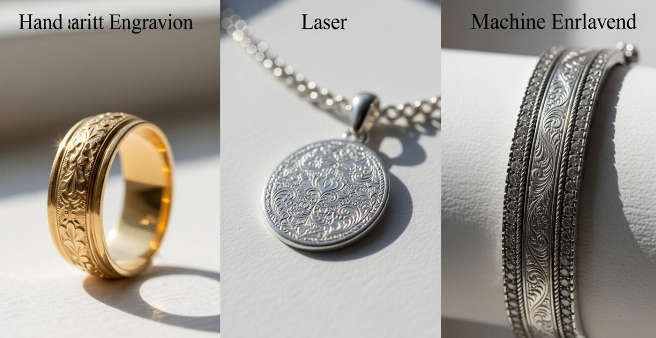Illustration comparative montrant les techniques de gravure main, laser et machine sur différents bijoux