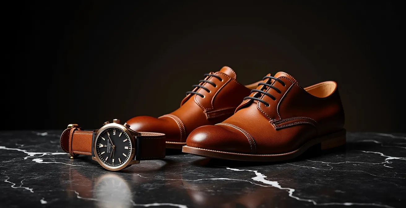 Nature morte élégante avec montre sur bracelet cuir marron, richelieux et ceinture en cuir coordonnés