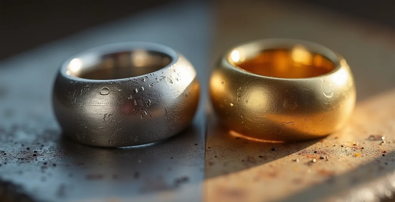 Comparaison macro de deux alliances, une en platine et une en or, montrant les textures différentes