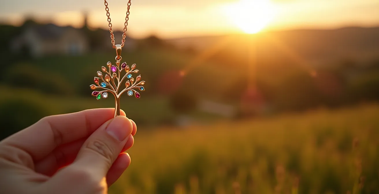 Pendentif arbre stylisé avec pierres colorées représentant les membres d'une famille
