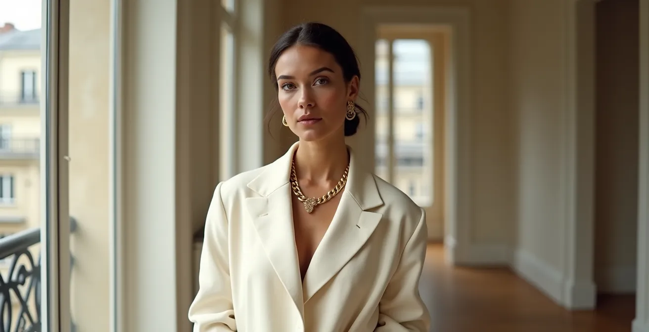 Femme portant un blazer oversize avec un sautoir doré sculptural créant un point d'ancrage visuel