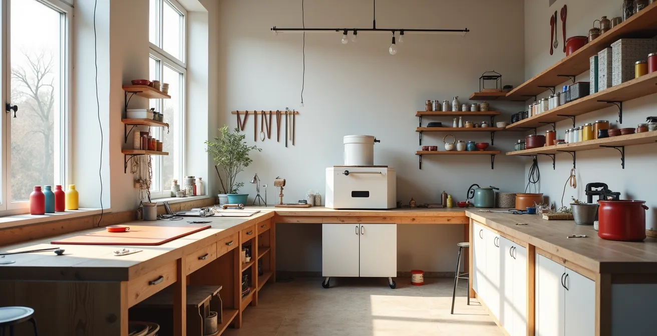 Atelier moderne d'une émailleuse française avec four et création de bijoux contemporains