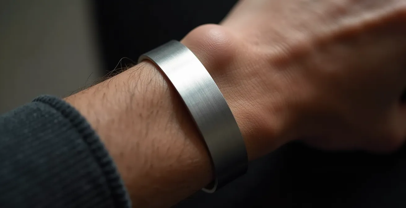 Gros plan sur un poignet masculin portant un bracelet jonc fin en argent brossé