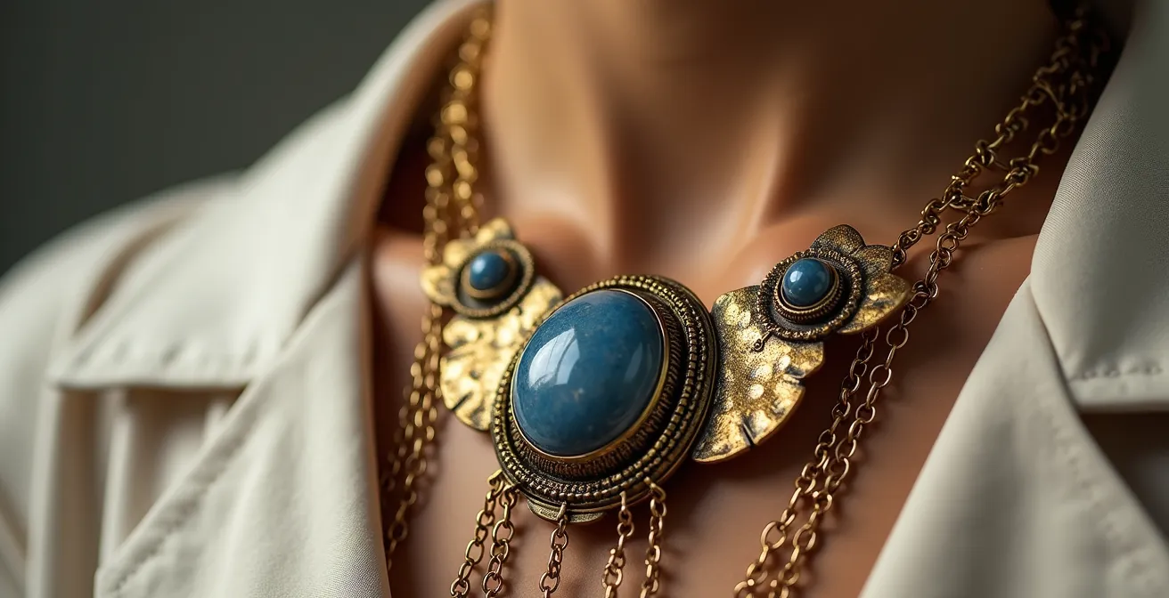 Gros plan sur un collier plastron imposant porté sur une tenue épurée monochrome