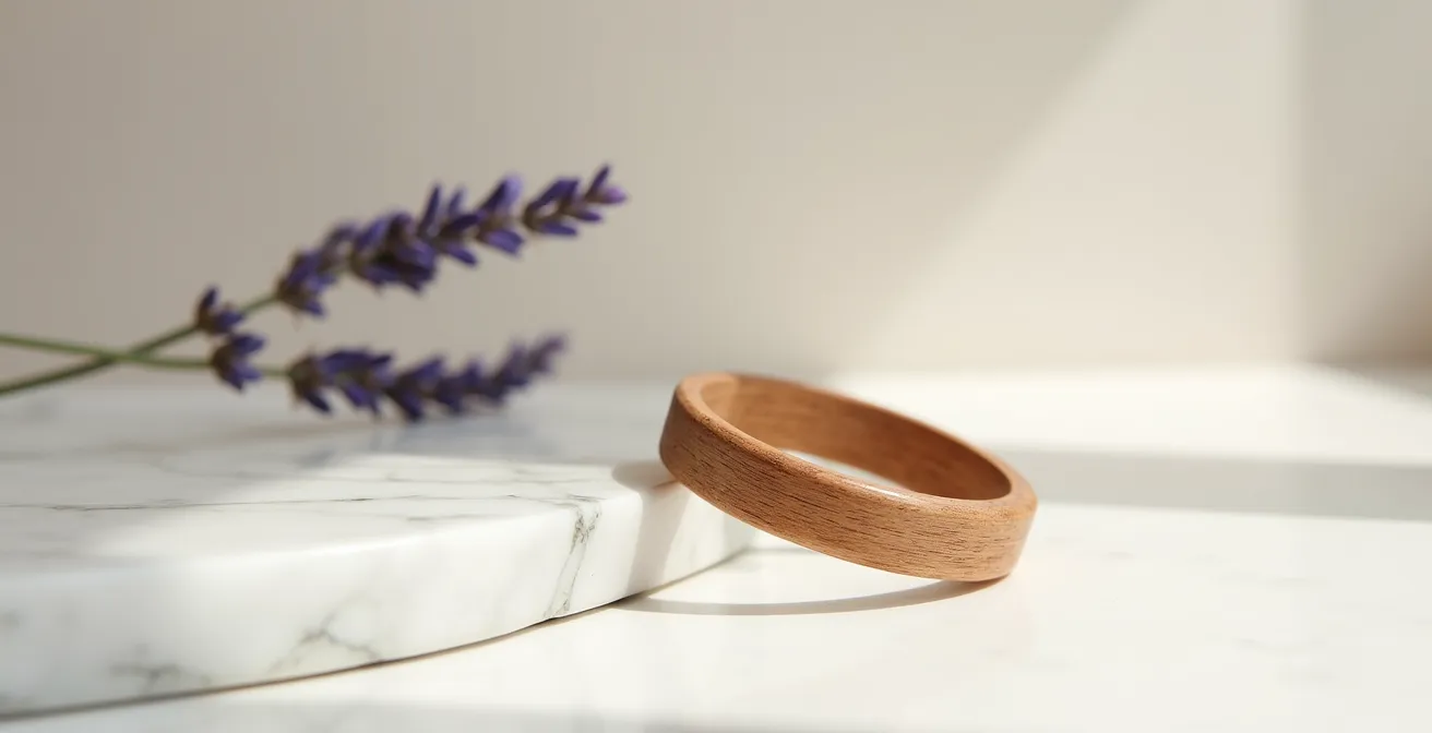 Bracelet artisanal en bois d'olivier français sur fond épuré